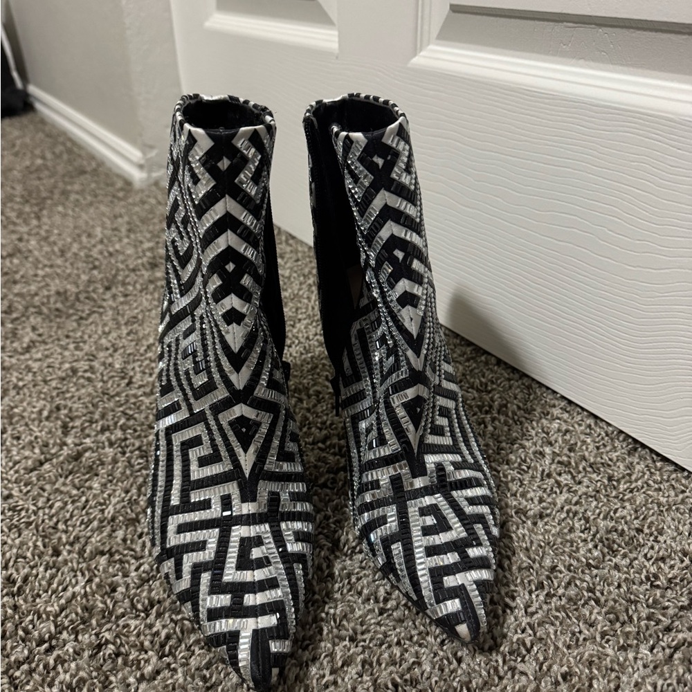 Black & Silver Beaded Geometric Ankle Boots